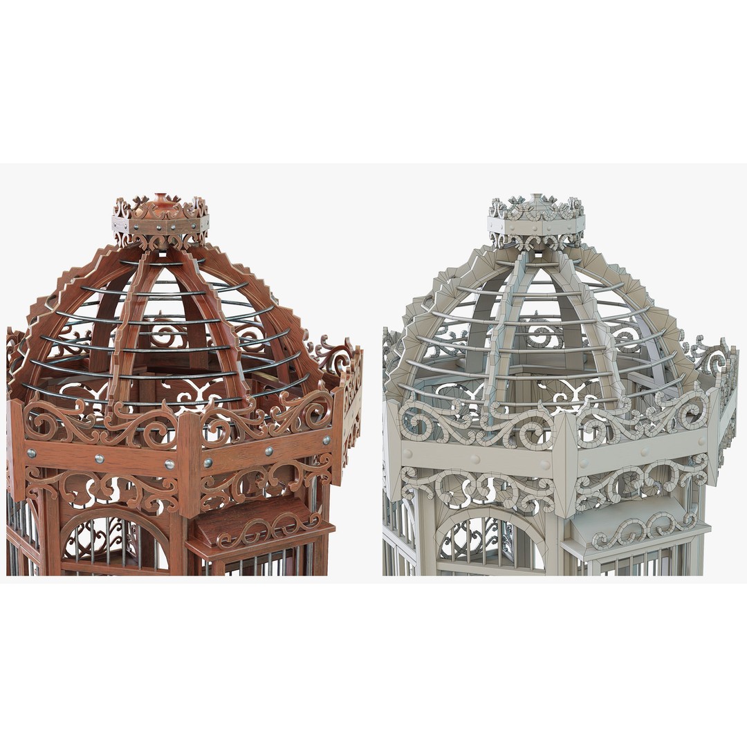 Birdcage 3D Model – Low Poly Antique Wooden Game Asset, PBR - View 4