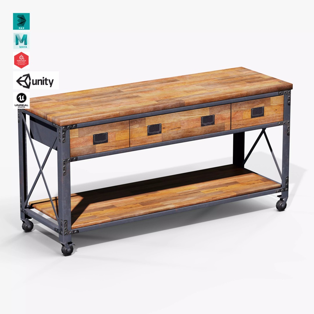 Metal And Wood Workbench 3D Model – Low Poly Game Asset, FBX, PBR - View 2