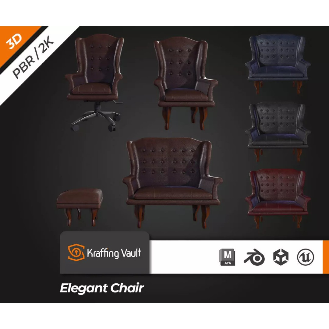 Elegant Chair 3D Model – Low Poly Furniture Asset, FBX, PBR - View 2