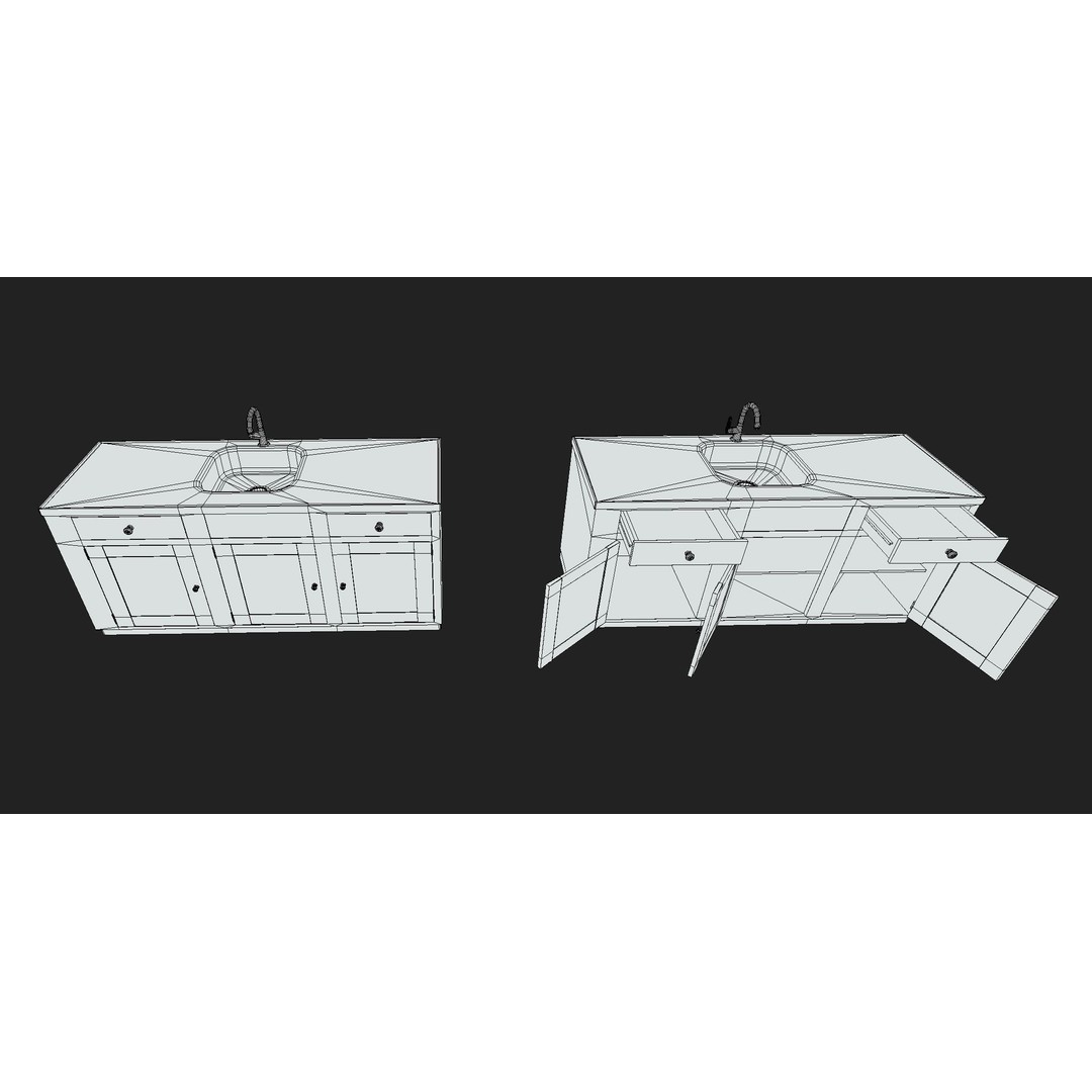 Old Painted Wood Kitchen Cabinets 3D Model – Low Poly PBR Asset, FBX/OBJ