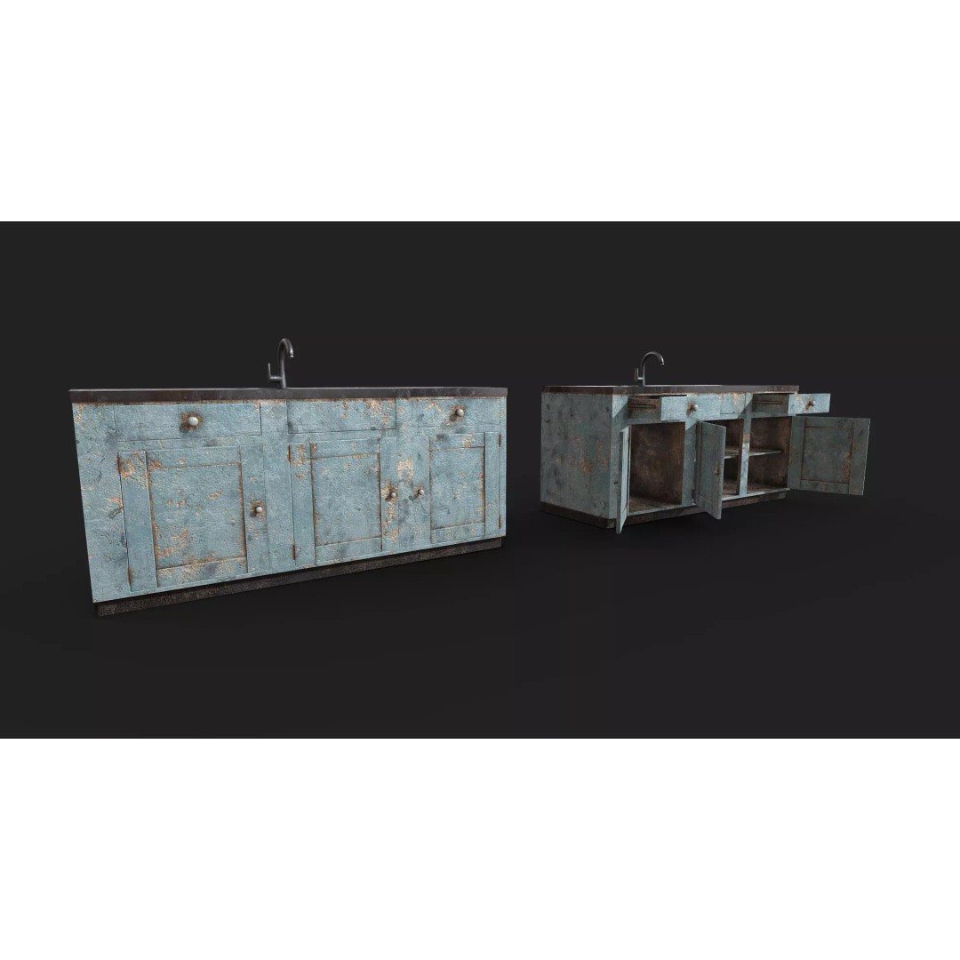 Old Painted Wood Kitchen Cabinets 3D Model – Low Poly PBR Asset, FBX/OBJ - View 2