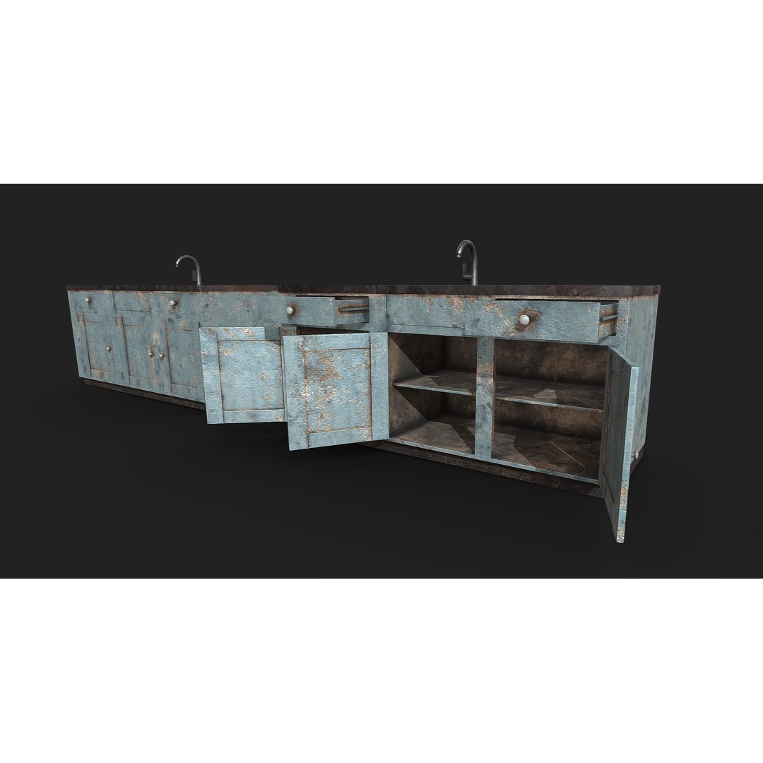 Old Painted Wood Kitchen Cabinets 3D Model – Low Poly PBR Asset, FBX/OBJ - View 3