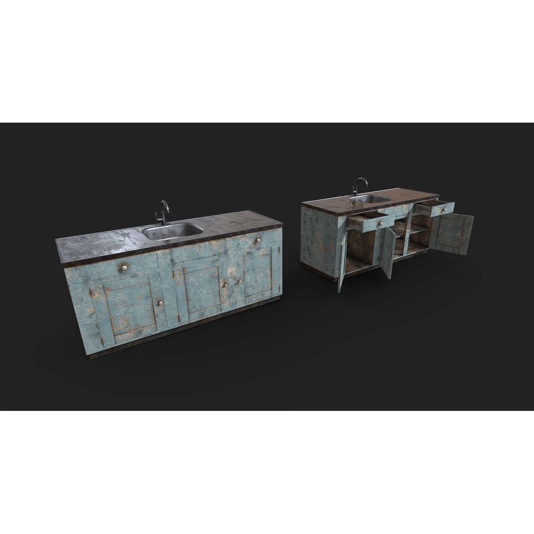 Old Painted Wood Kitchen Cabinets 3D Model – Low Poly PBR Asset, FBX/OBJ - View 4