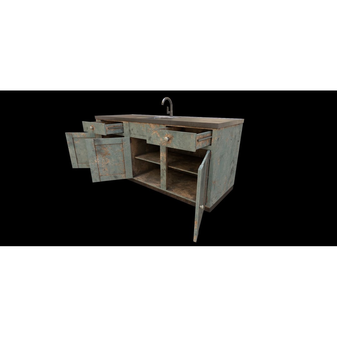 Old Painted Wood Kitchen Cabinets 3D Model – Low Poly PBR Asset, FBX/OBJ - View 6