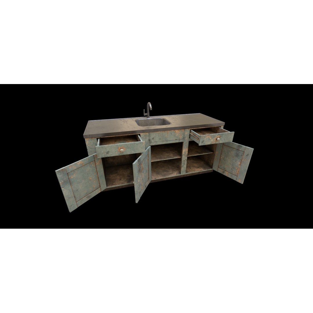 Old Painted Wood Kitchen Cabinets 3D Model – Low Poly PBR Asset, FBX/OBJ - View 7