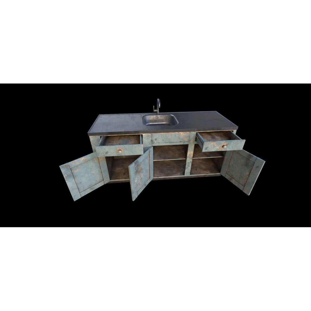 Old Painted Wood Kitchen Cabinets 3D Model – Low Poly PBR Asset, FBX/OBJ - View 8