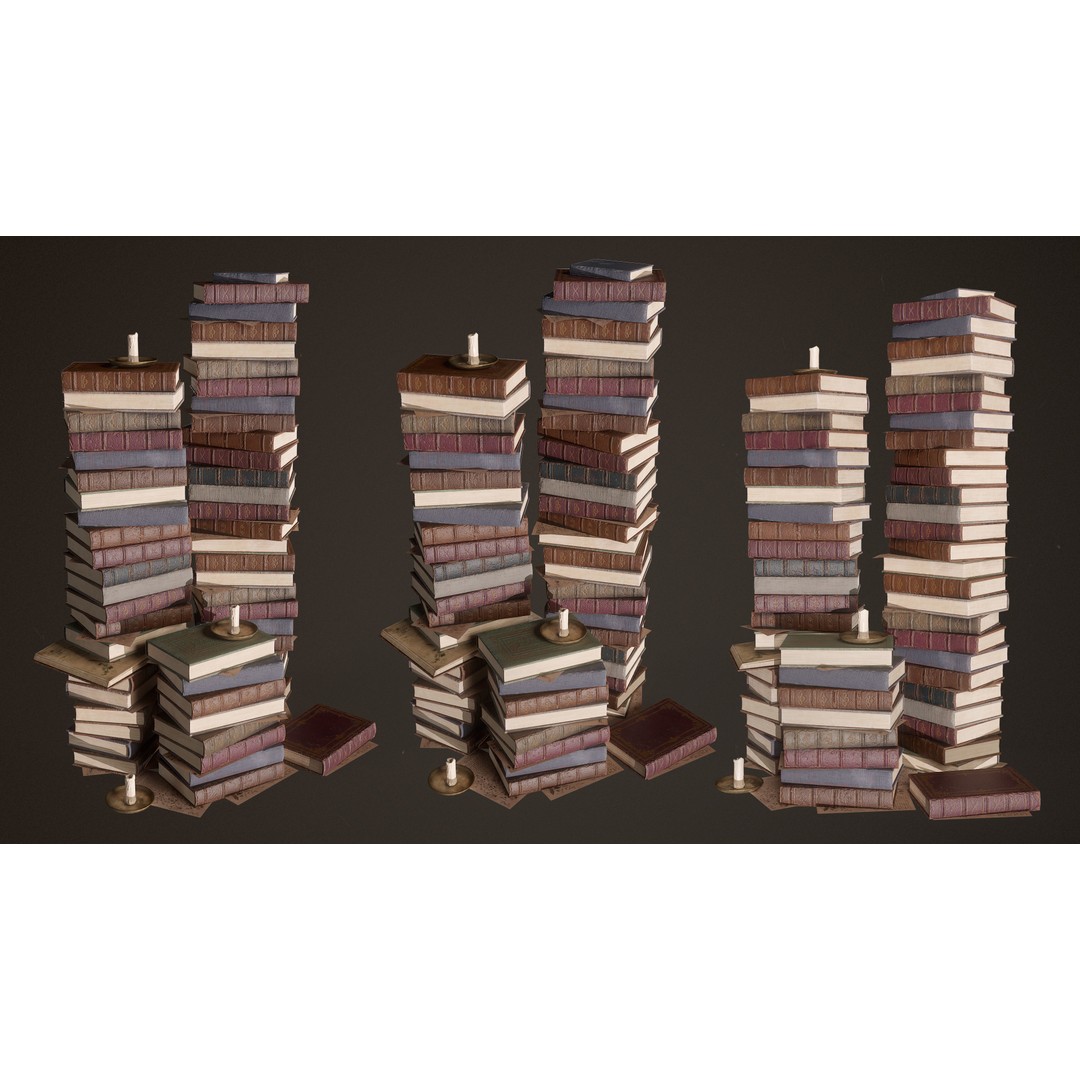 Old Library Books 3D Model – Low Poly Game Asset, FBX - View 4