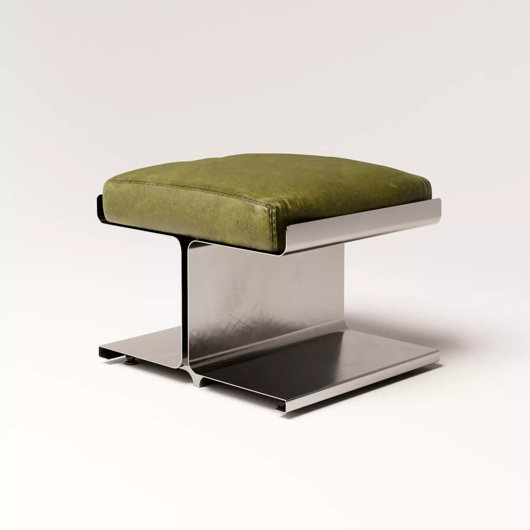 Steel Ottoman 3D Model – Vintage Low Poly Chair, PBR Textures - View 2
