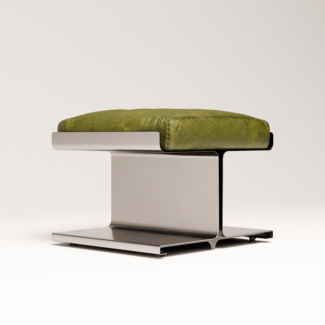 Steel Ottoman 3D Model – Vintage Low Poly Chair, PBR Textures - View 3