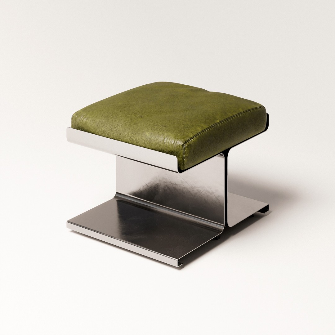 Steel Ottoman 3D Model – Vintage Low Poly Chair, PBR Textures - View 4