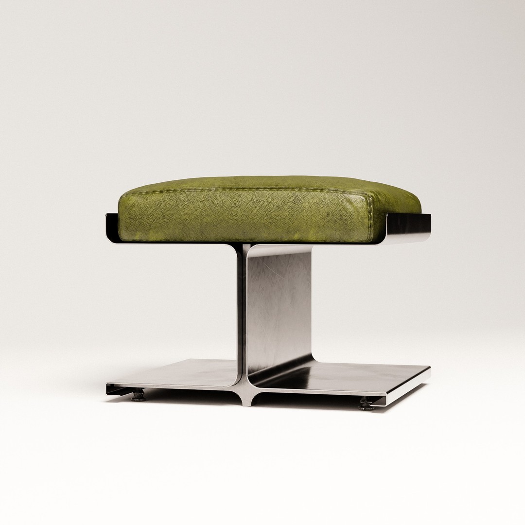 Steel Ottoman 3D Model – Vintage Low Poly Chair, PBR Textures - View 8