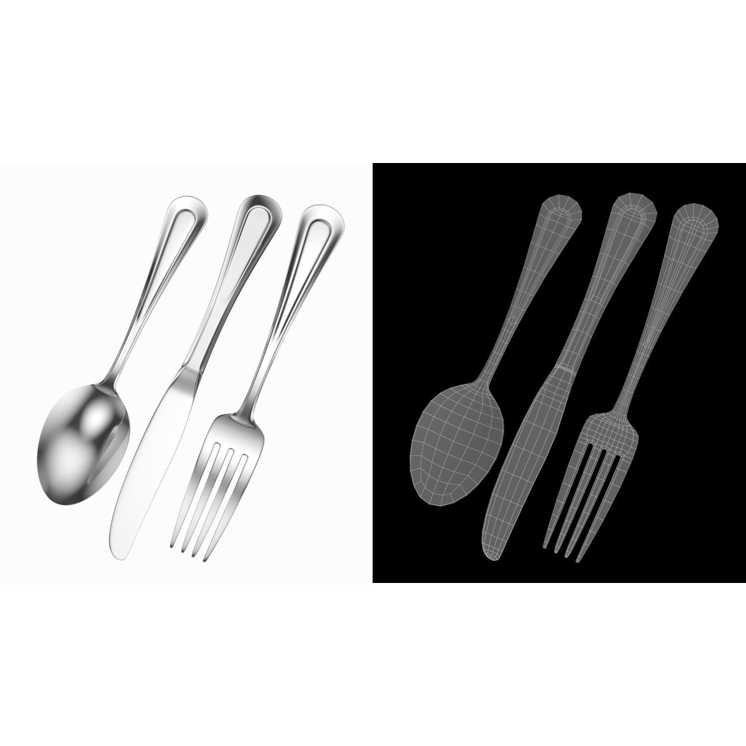 Classic Cutlery Collection 3D Model – Fork, Knife, Spoon, PBR Formats - View 10