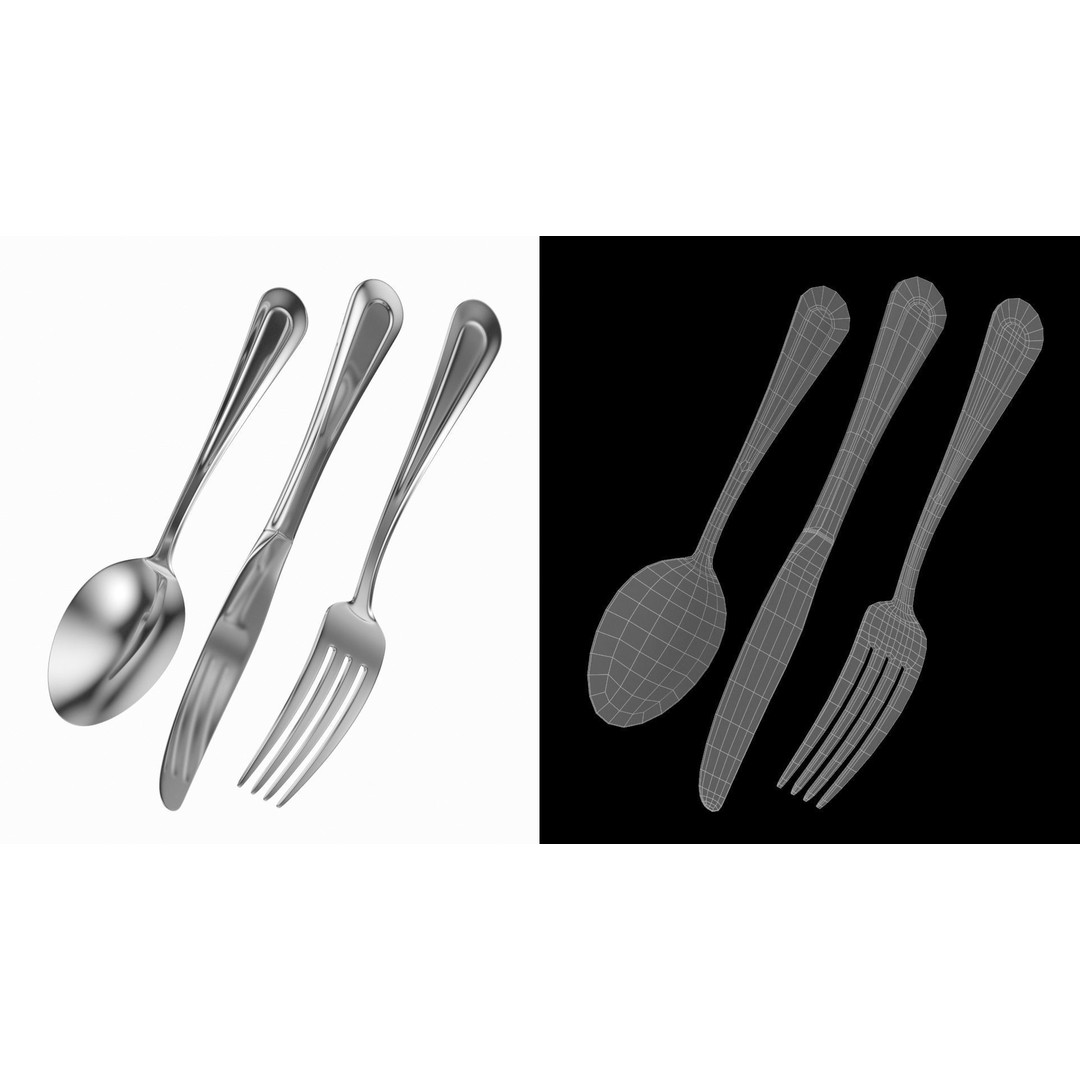 Classic Cutlery Collection 3D Model – Fork, Knife, Spoon, PBR Formats - View 11
