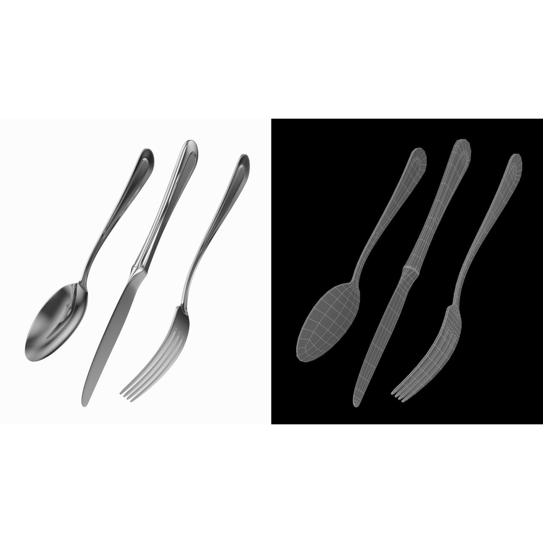 Classic Cutlery Collection 3D Model – Fork, Knife, Spoon, PBR Formats - View 12