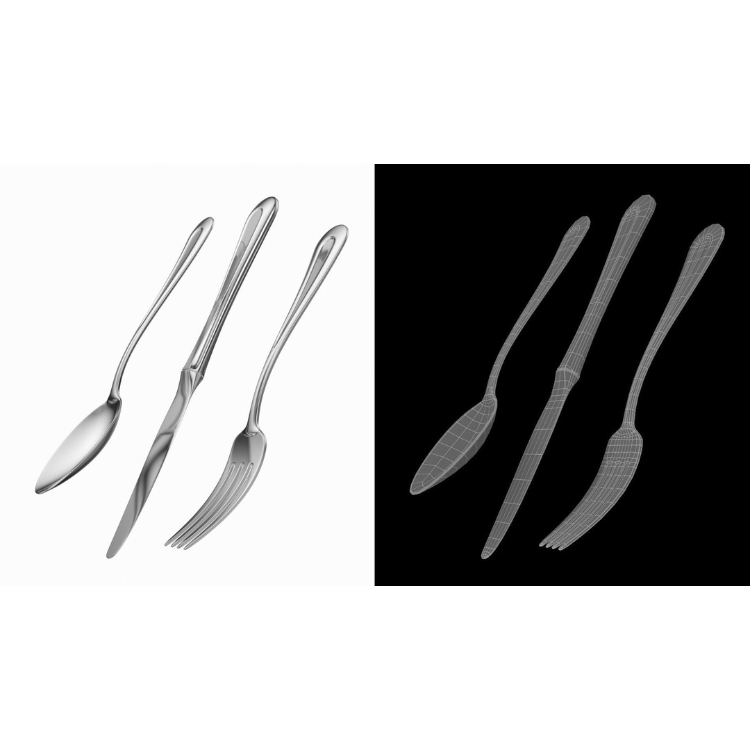 Classic Cutlery Collection 3D Model – Fork, Knife, Spoon, PBR Formats - View 14