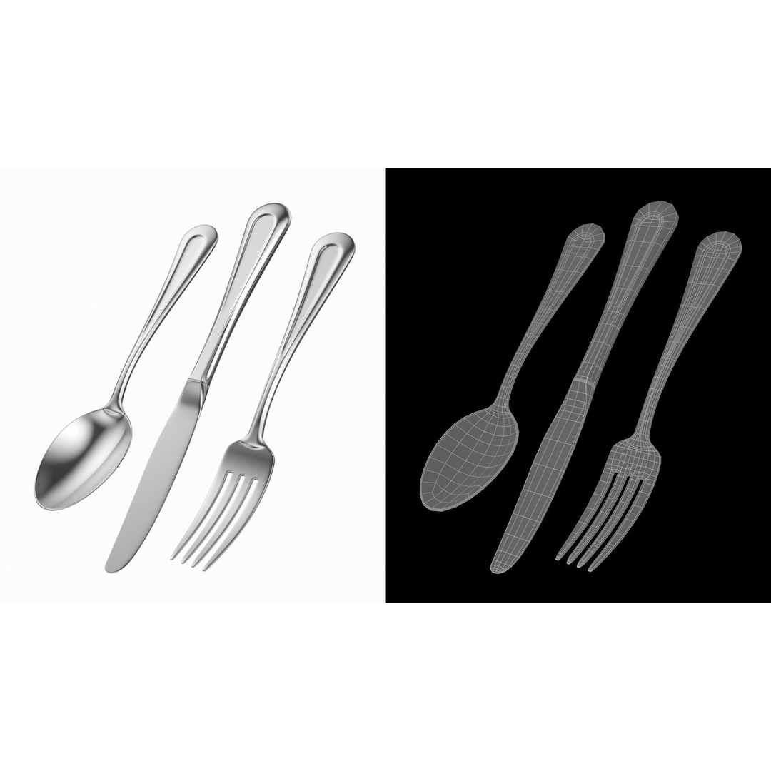Classic Cutlery Collection 3D Model – Fork, Knife, Spoon, PBR Formats - View 3