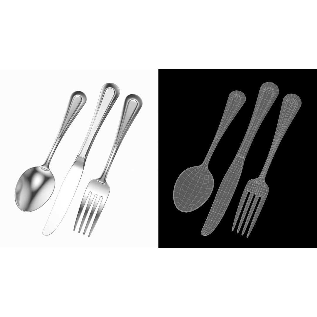 Classic Cutlery Collection 3D Model – Fork, Knife, Spoon, PBR Formats - View 4