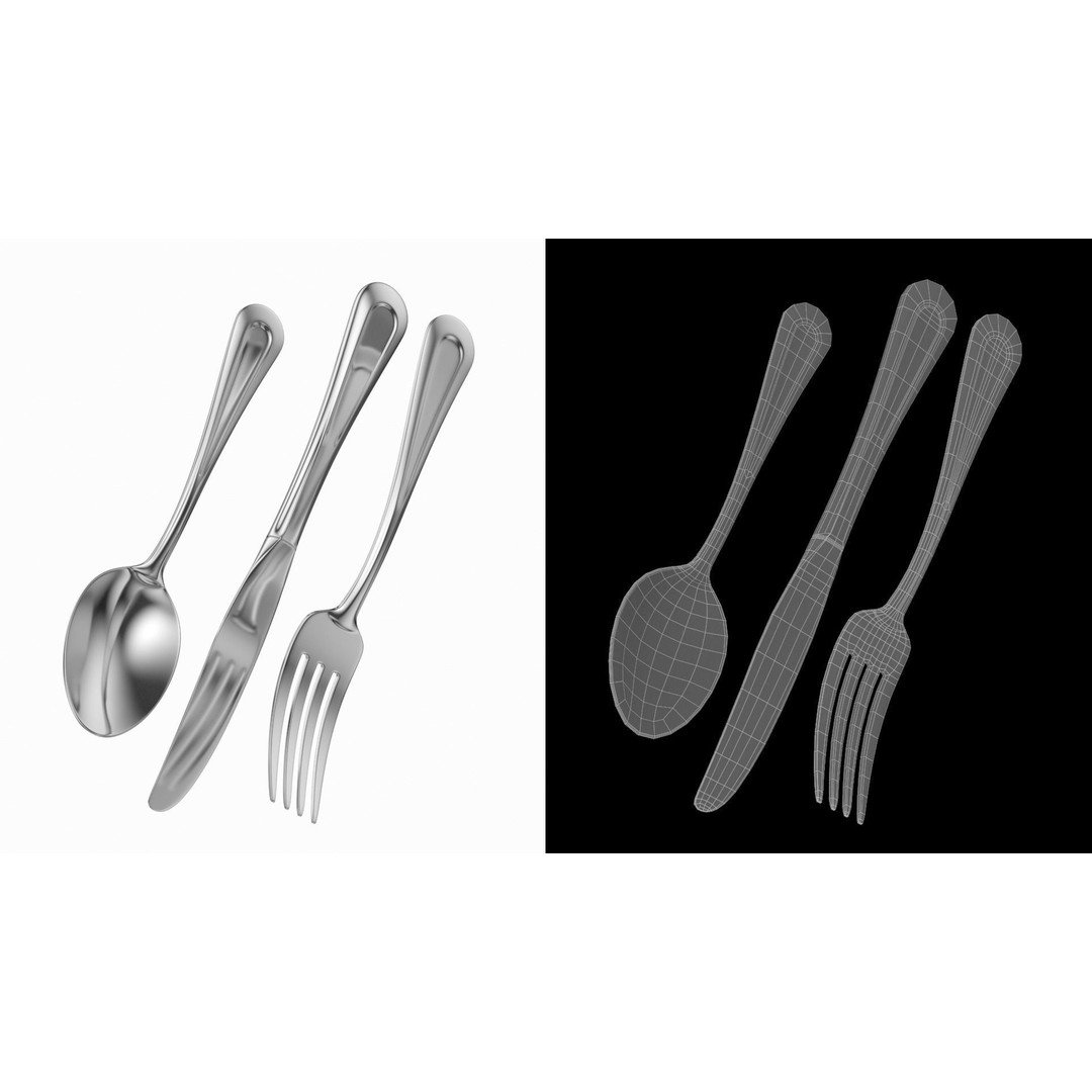 Classic Cutlery Collection 3D Model – Fork, Knife, Spoon, PBR Formats - View 5
