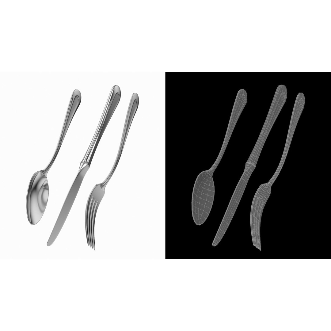 Classic Cutlery Collection 3D Model – Fork, Knife, Spoon, PBR Formats - View 6