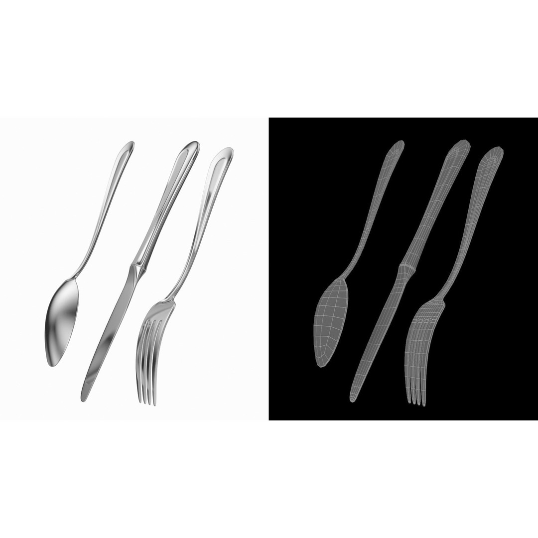 Classic Cutlery Collection 3D Model – Fork, Knife, Spoon, PBR Formats - View 8
