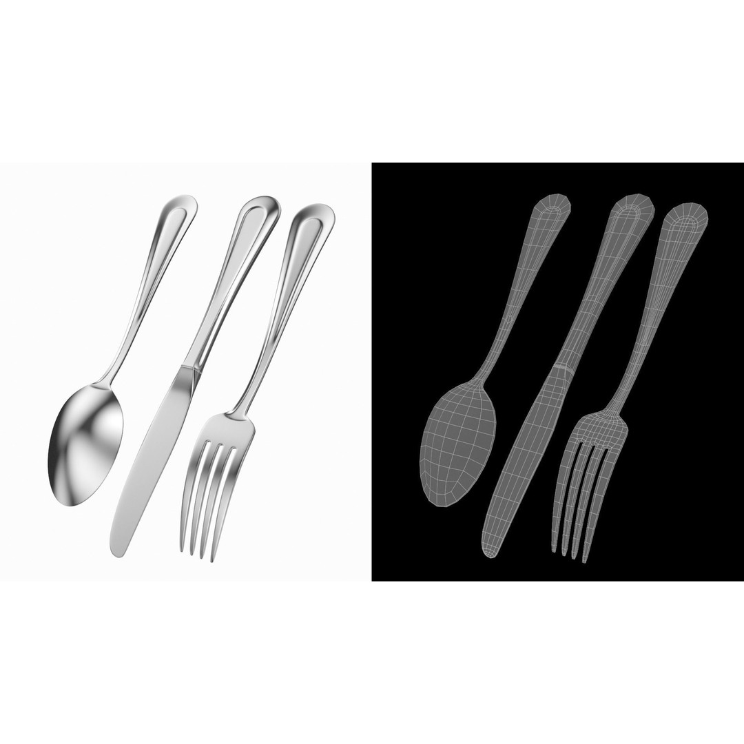 Classic Cutlery Collection 3D Model – Fork, Knife, Spoon, PBR Formats - View 9