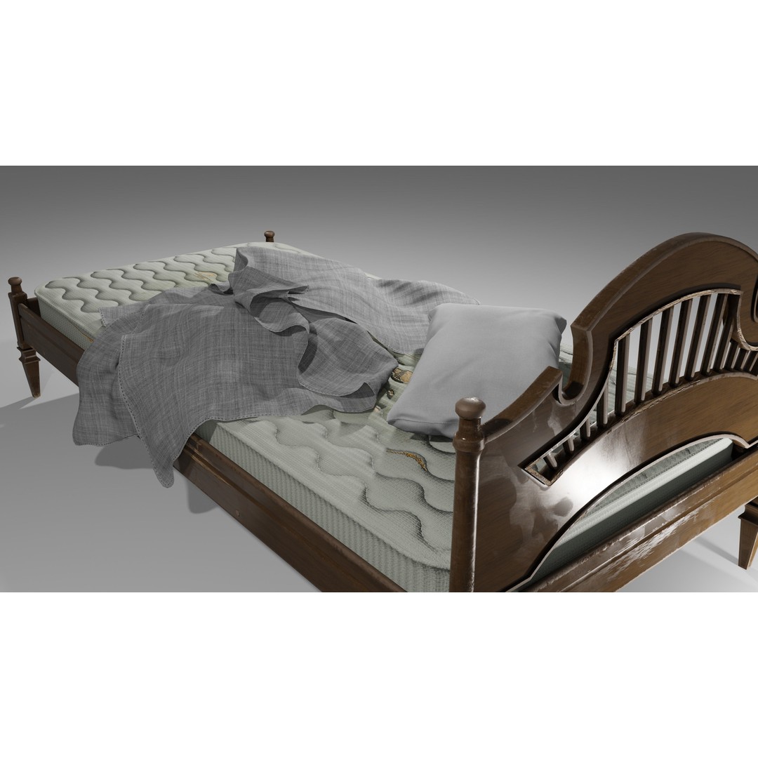 Old Bed 3D Model – Low Poly Modular Furniture with PBR Textures - View 10