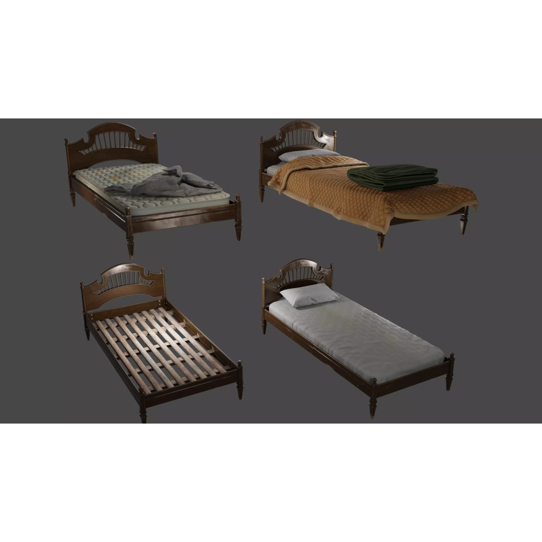 Old Bed 3D Model – Low Poly Modular Furniture with PBR Textures - View 2