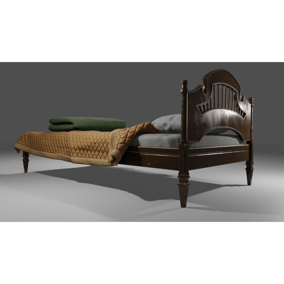 Old Bed 3D Model – Low Poly Modular Furniture with PBR Textures - View 4