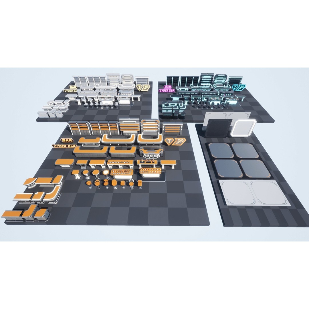 Cyber Bar 3D Model – Low Poly Sci-Fi Furniture Set for Games