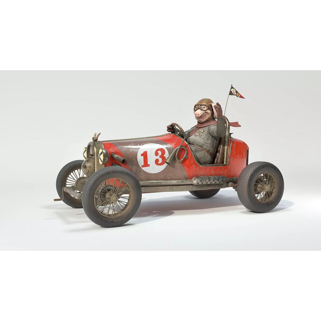 Pig Racing Car 3D Model – Low Poly Vehicle with PBR Textures, FBX - View 2