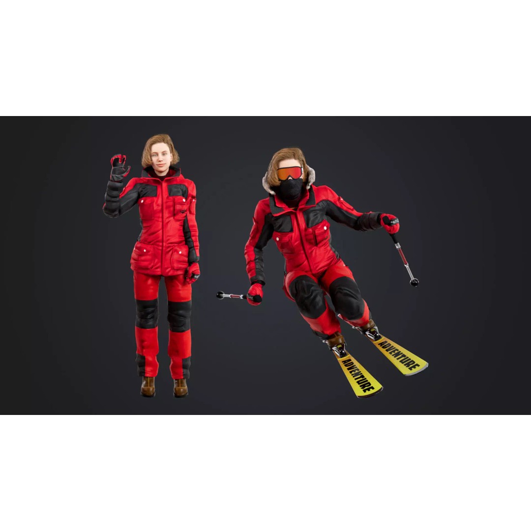 Female Skier 3D Model – Rigged Low-Poly Character for Animation - View 2