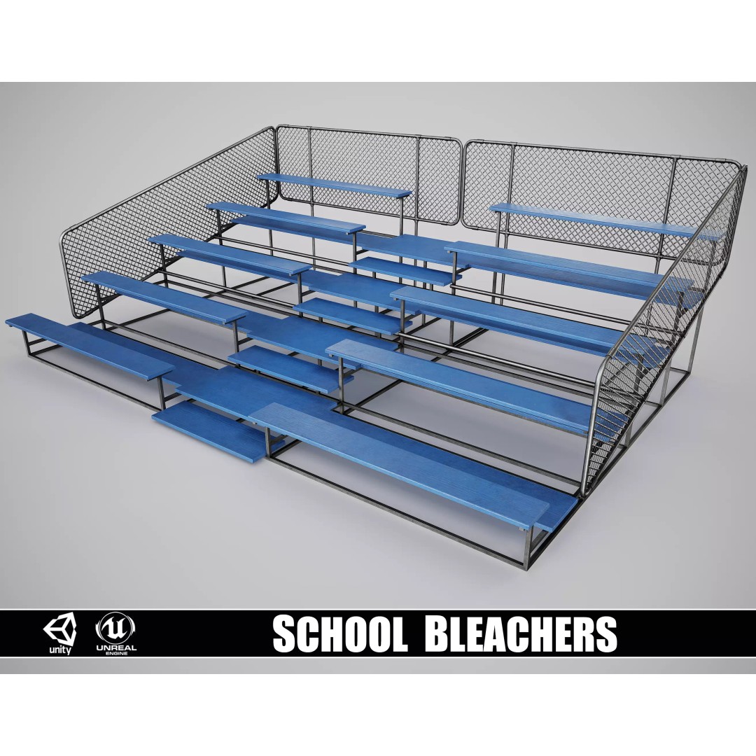 Painted Metal School Bleachers 3D Model – Low Poly Game Asset, FBX, OBJ - View 2