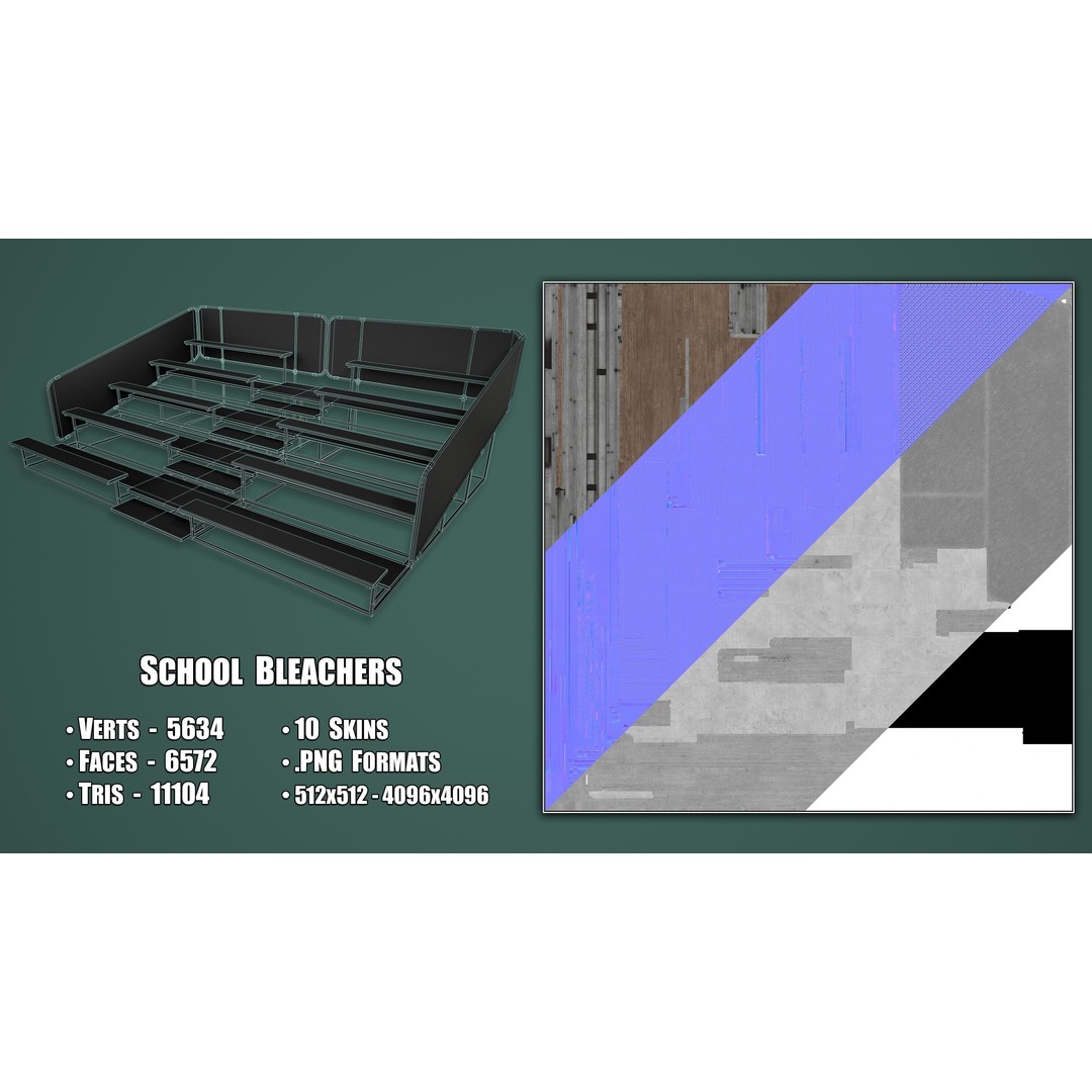 Painted Metal School Bleachers 3D Model – Low Poly Game Asset, FBX, OBJ - View 4