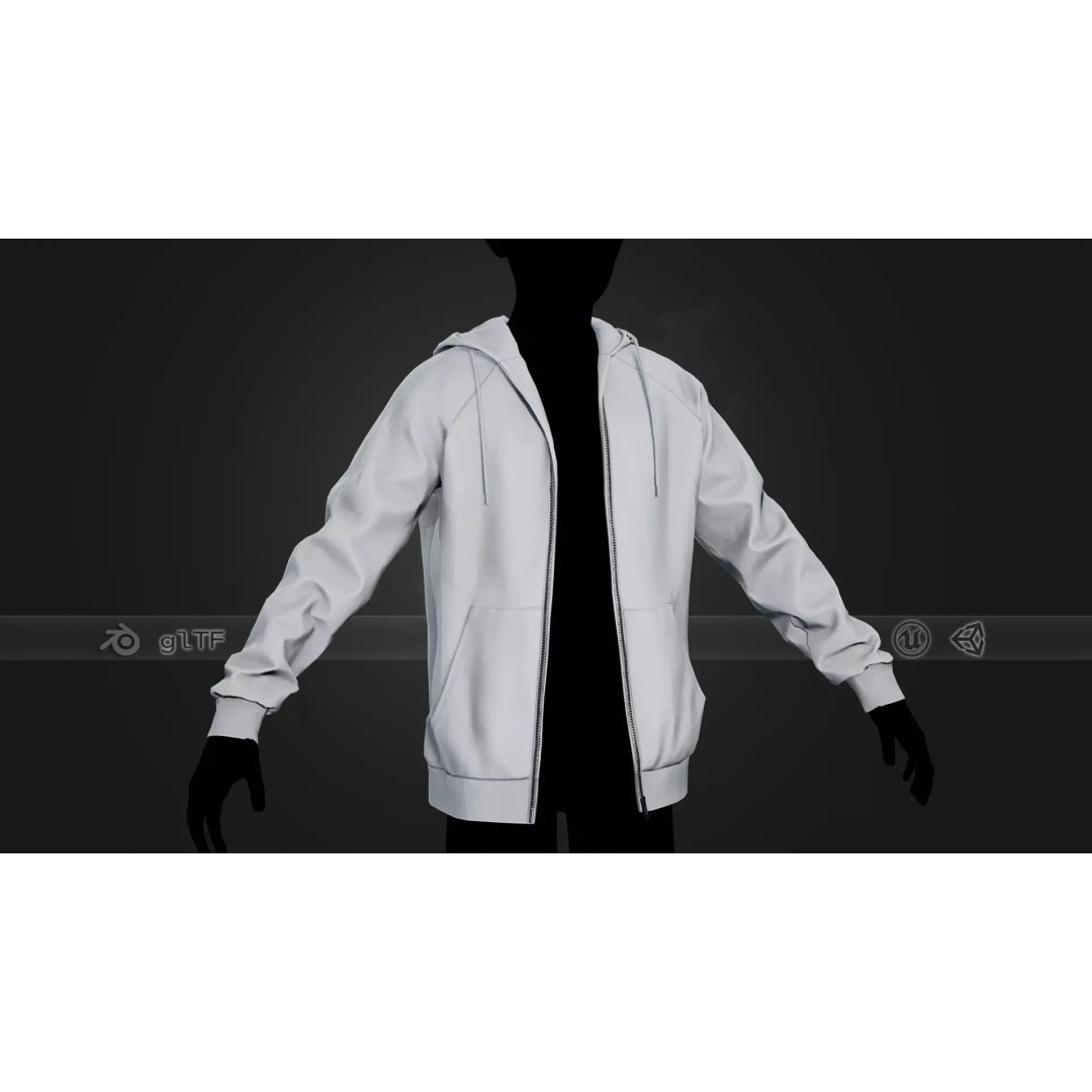 White Open Hoodie 3D Model – Low Poly PBR Clothing for Games - View 2