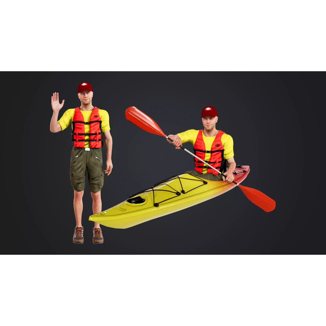 Kayak Canoe Athlete 3D Model – Low Poly Rigged Character, FBX - View 2