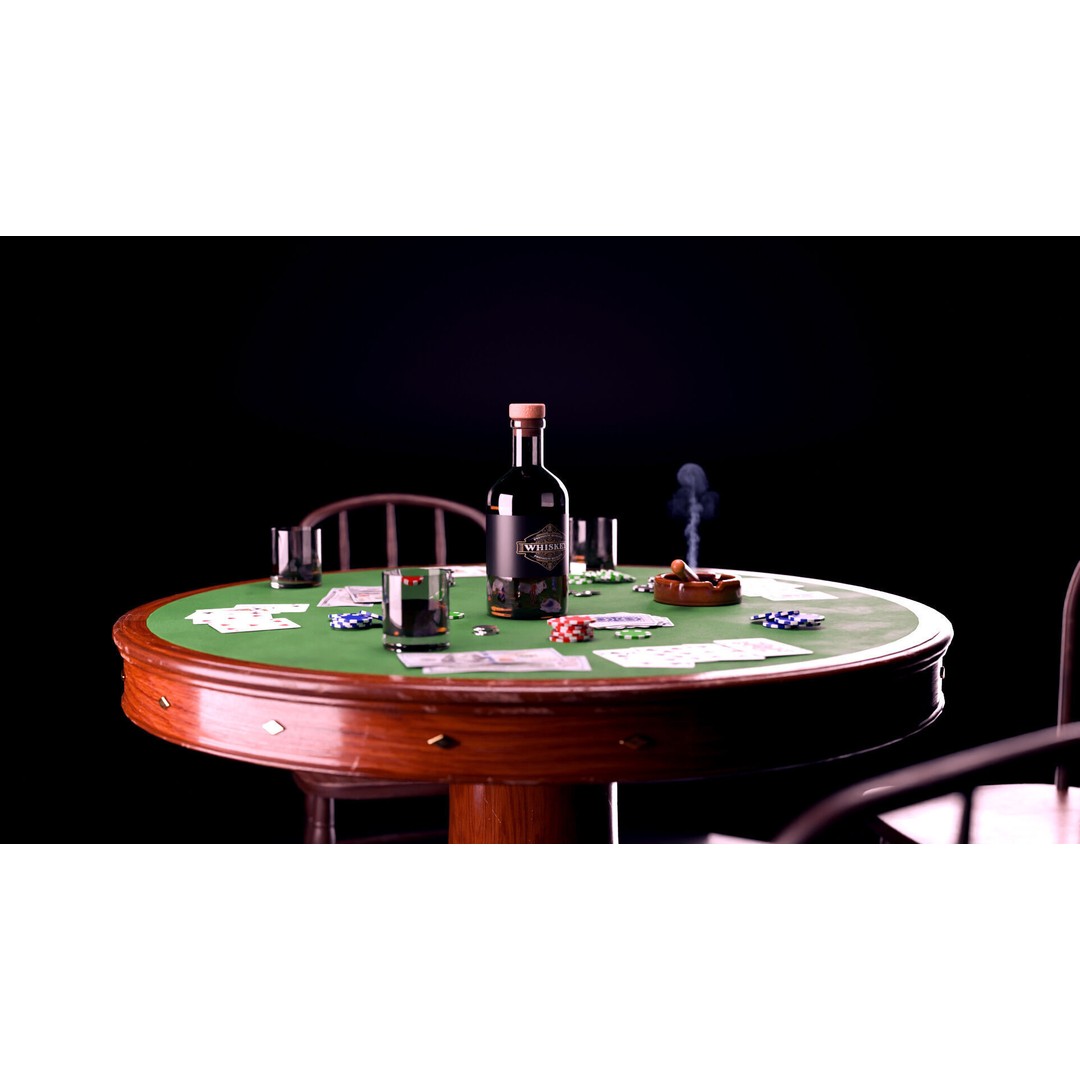 Poker Table 3D Model – Vintage Casino Scene with PBR Textures - View 3