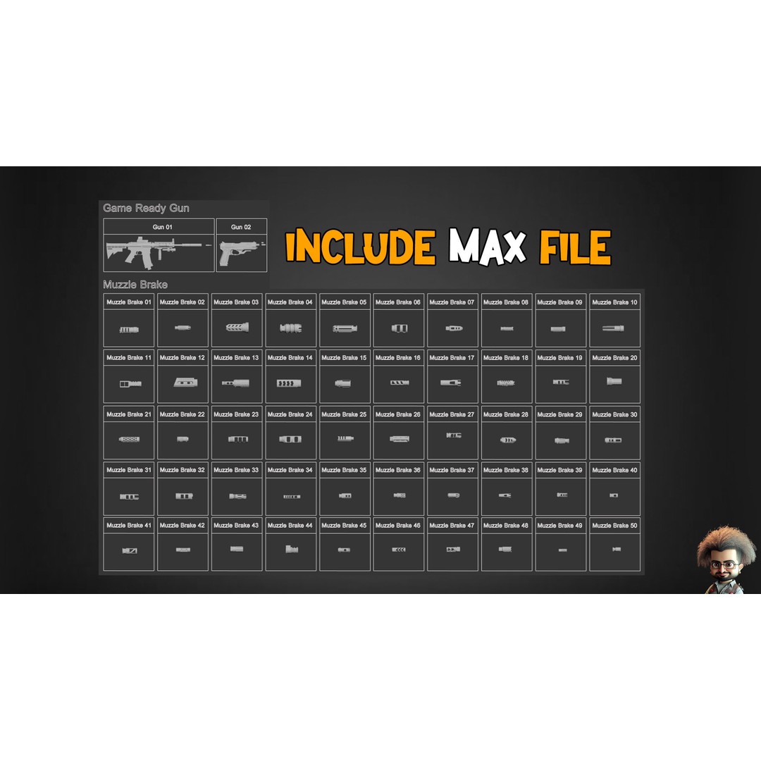 50 Muzzle Brakes & 2 Game-Ready Guns 3D Model – Low Poly PBR Textures