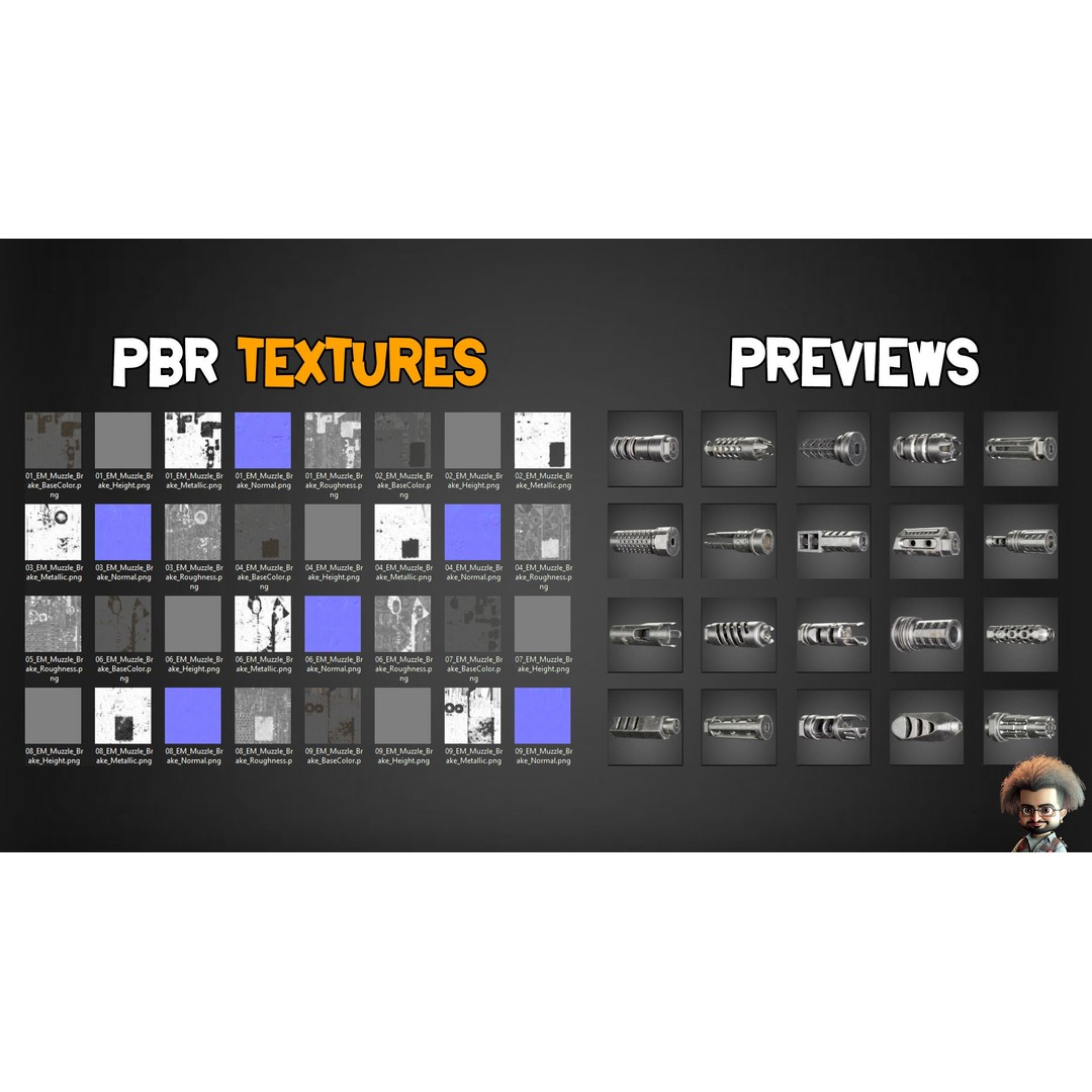 50 Muzzle Brakes & 2 Game-Ready Guns 3D Model – Low Poly PBR Textures - View 10