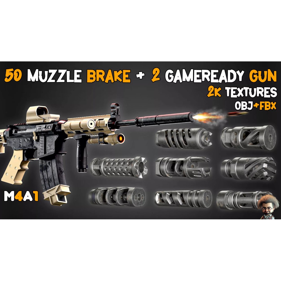 50 Muzzle Brakes & 2 Game-Ready Guns 3D Model – Low Poly PBR Textures - View 2