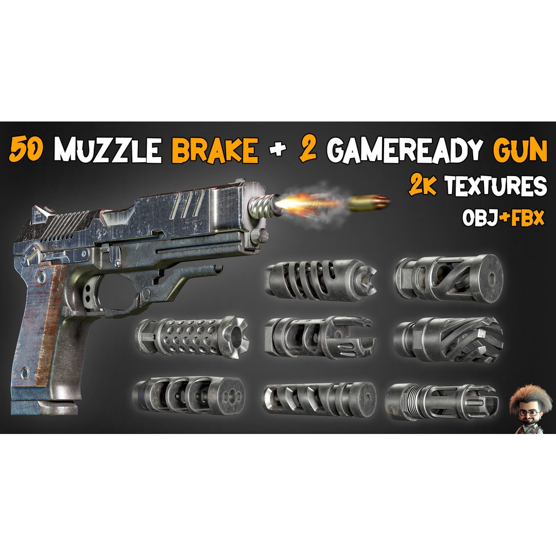 50 Muzzle Brakes & 2 Game-Ready Guns 3D Model – Low Poly PBR Textures - View 3