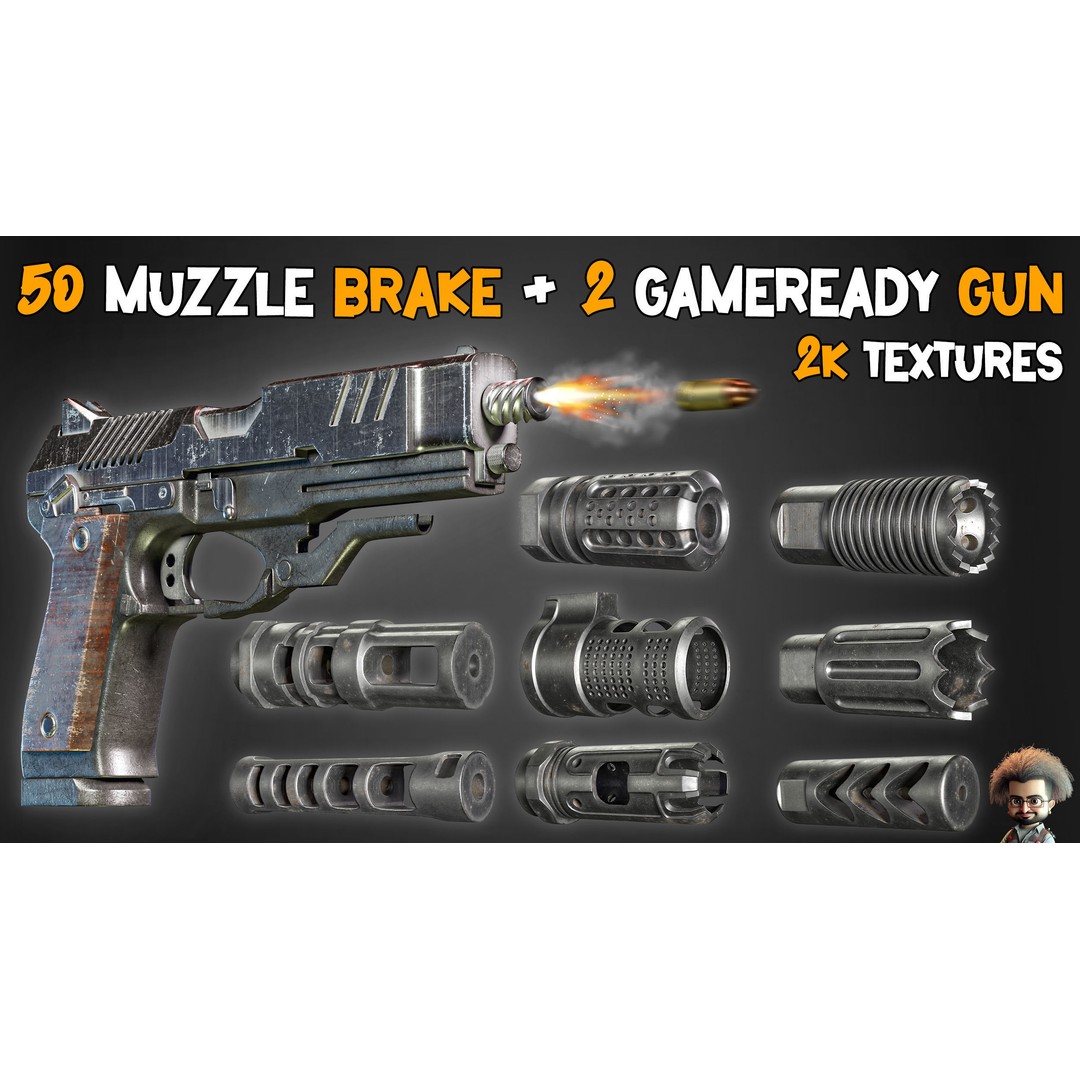 50 Muzzle Brakes & 2 Game-Ready Guns 3D Model – Low Poly PBR Textures - View 4