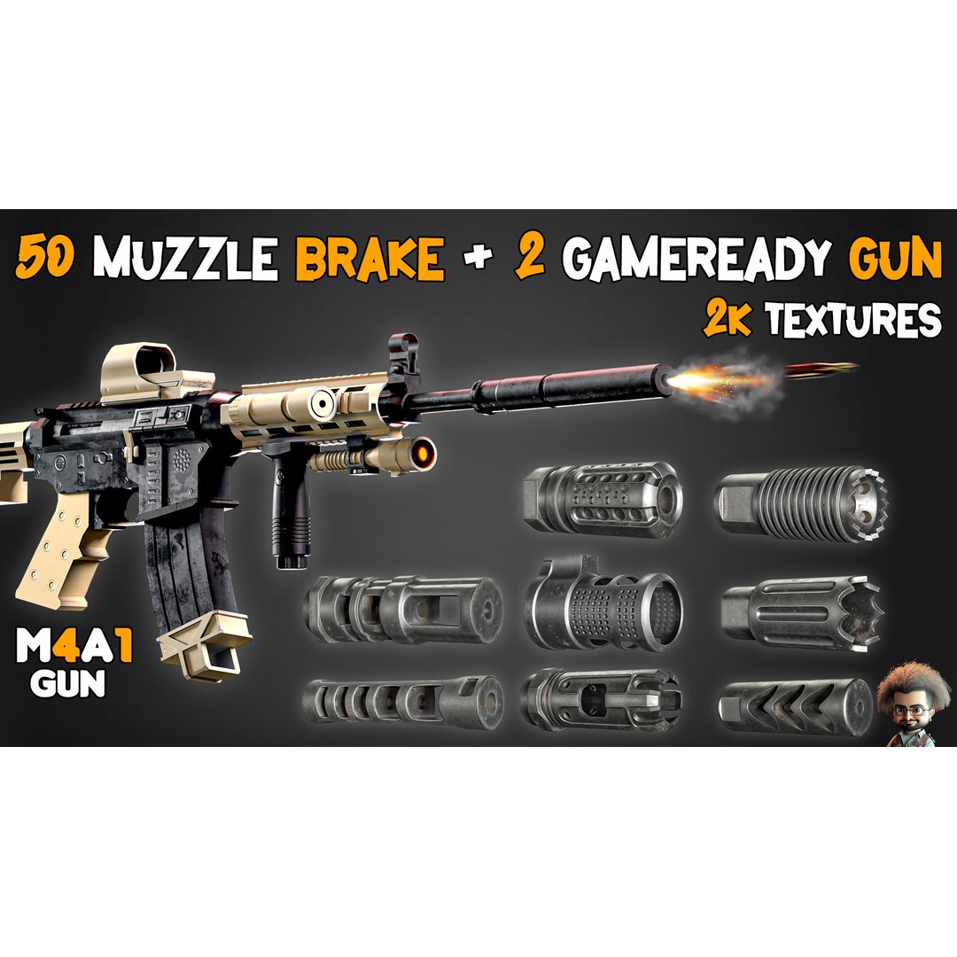 50 Muzzle Brakes & 2 Game-Ready Guns 3D Model – Low Poly PBR Textures - View 5