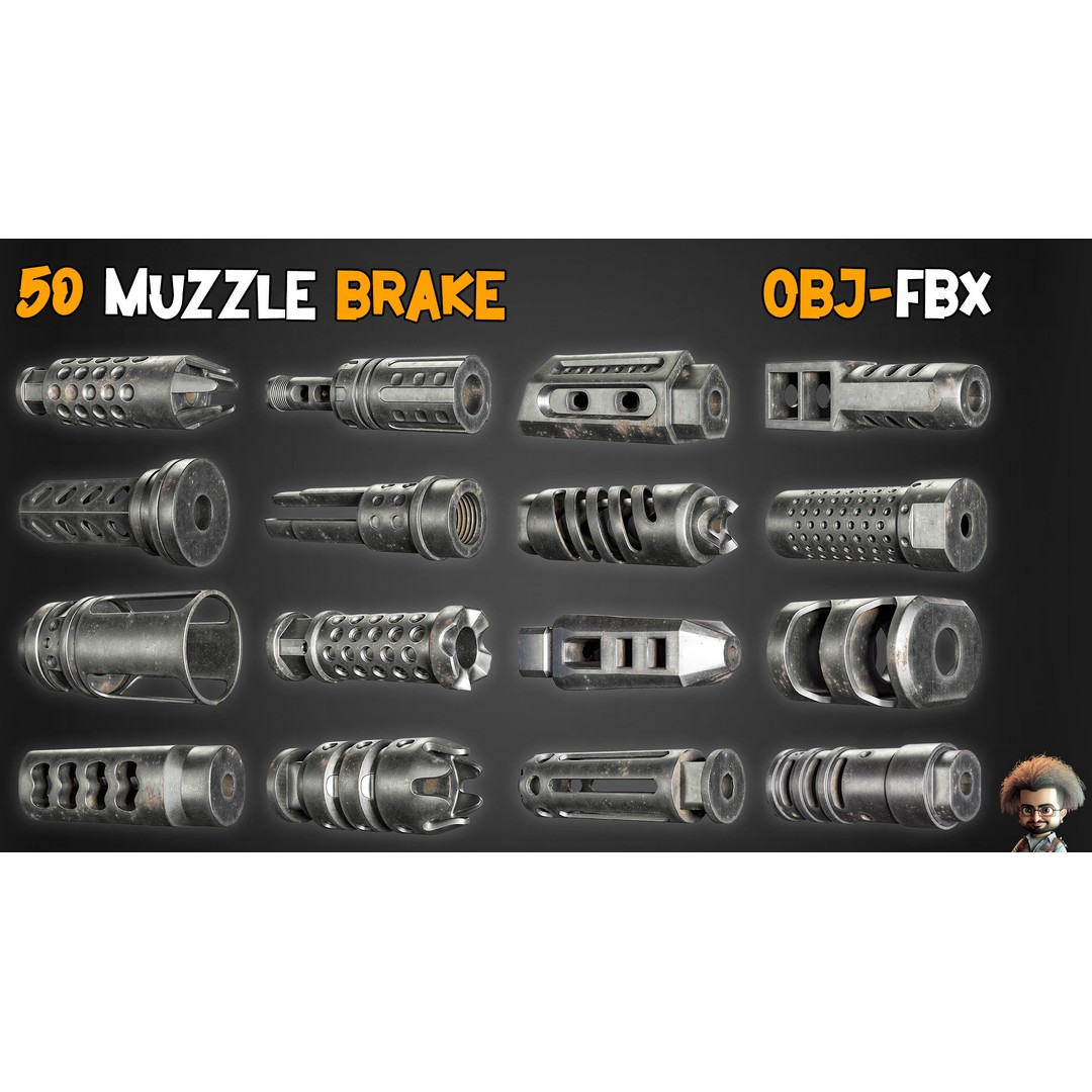 50 Muzzle Brakes & 2 Game-Ready Guns 3D Model – Low Poly PBR Textures - View 6