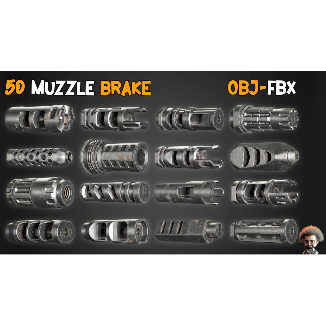 50 Muzzle Brakes & 2 Game-Ready Guns 3D Model – Low Poly PBR Textures - View 7