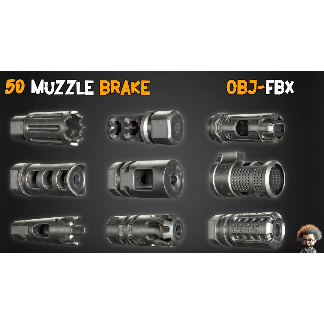 50 Muzzle Brakes & 2 Game-Ready Guns 3D Model – Low Poly PBR Textures - View 8