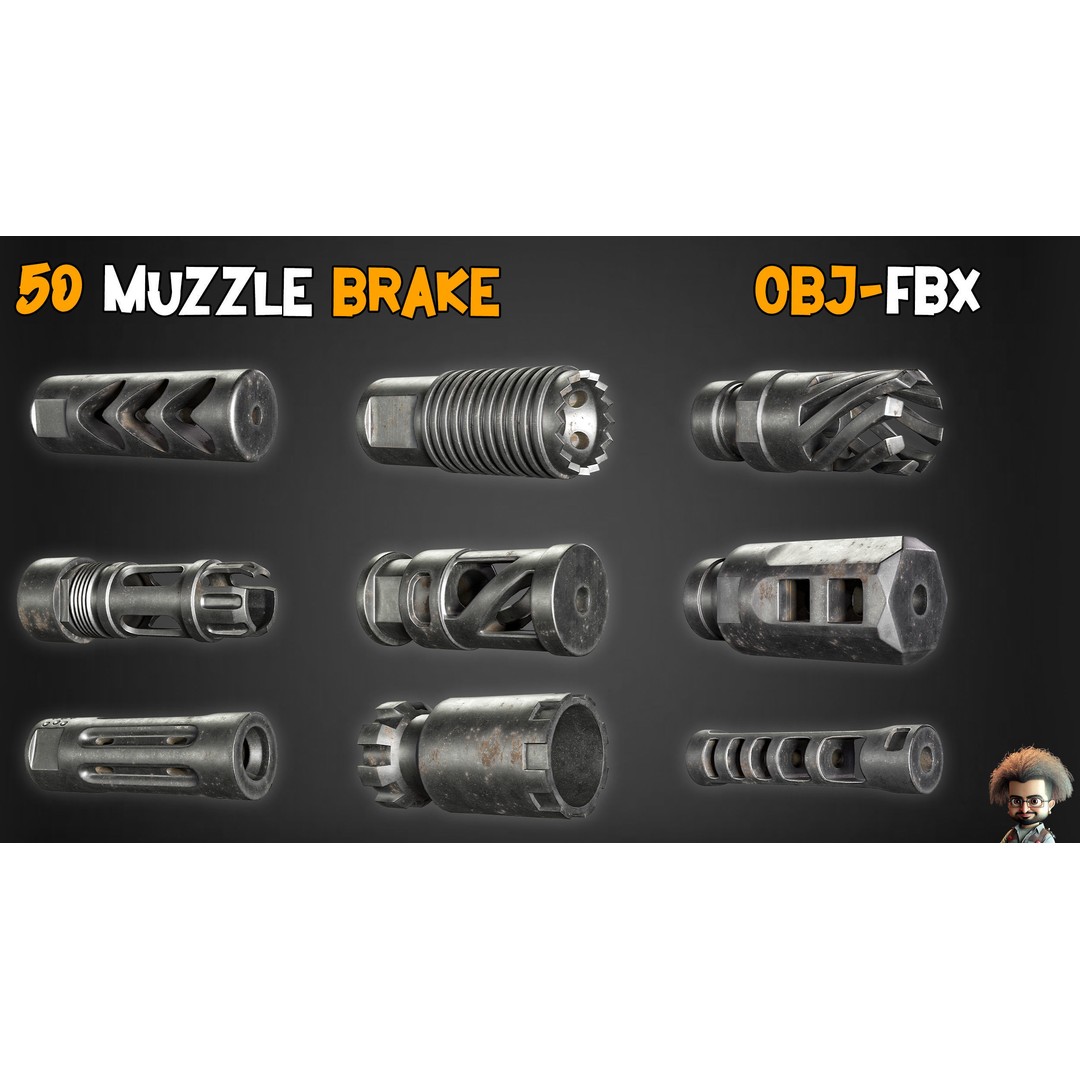 50 Muzzle Brakes & 2 Game-Ready Guns 3D Model – Low Poly PBR Textures - View 9