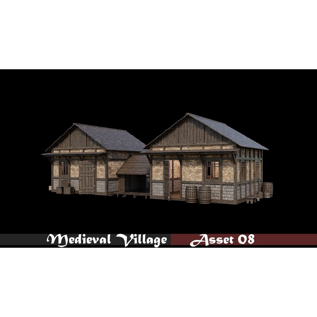 Medieval Village Houses 3D Model – Low-Poly Game Ready, FBX, OBJ - View 10
