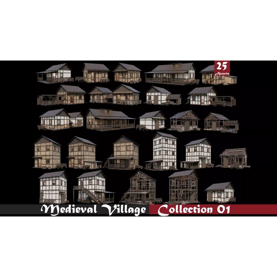 Medieval Village Houses 3D Model – Low-Poly Game Ready, FBX, OBJ - View 2
