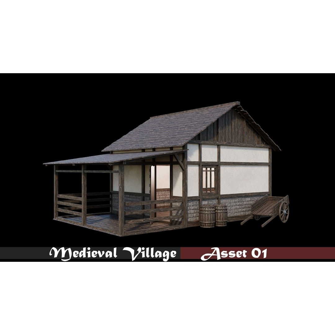 Medieval Village Houses 3D Model – Low-Poly Game Ready, FBX, OBJ - View 3