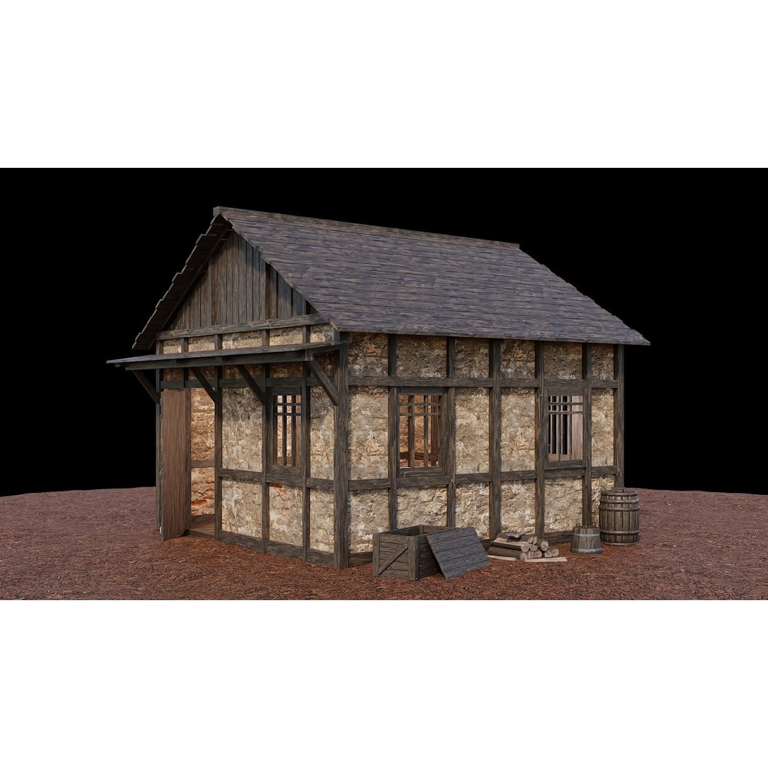 Medieval Village Houses 3D Model – Low-Poly Game Ready, FBX, OBJ - View 33